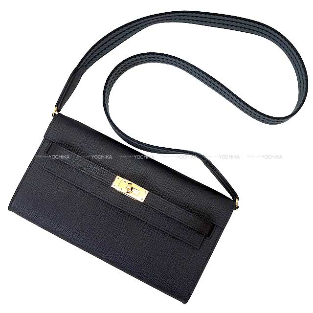 HERMES long wallet Kelly Wallet Long To Go Cavale with Bandouliere Noir (Black)/Gris Misty Veau Epsom/Toile Gold HW Stamp W[BRAND NEW][Authentic]