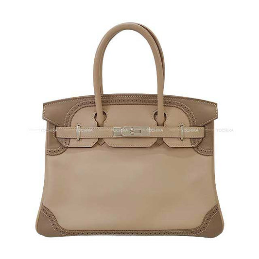 [Pre-loved] HERMES Handbag Birkin30 Ghillies Argile/Etoupe Evercalf Silver HW Stamp P[LIKE NEW][Authentic]