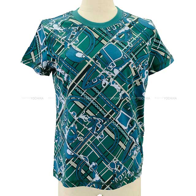 [Pre-loved] 2023AW HERMES Short sleeve t shirt Ladies En Desordre and Chains Green/Multicolor Cotton100% 34[LIKE NEW][Authentic]