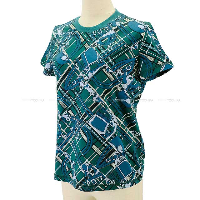 [Pre-loved] 2023AW HERMES Short sleeve t shirt Ladies En Desordre and Chains Green/Multicolor Cotton100% 34[LIKE NEW][Authentic]