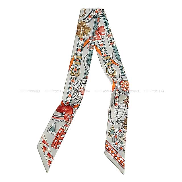 2024 SS  HERMES scarf Twilly Harnais de Coeur Gris Perle/Orange/Gris Bleute Silk100%[BRAND NEW][Authentic]