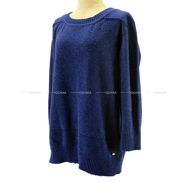 [Pre-loved] HERMES Sweater Ladies Sellier Button Long sleeve UK made Blue Cashmere 42 Silver HW[LIKE NEW][Authentic]