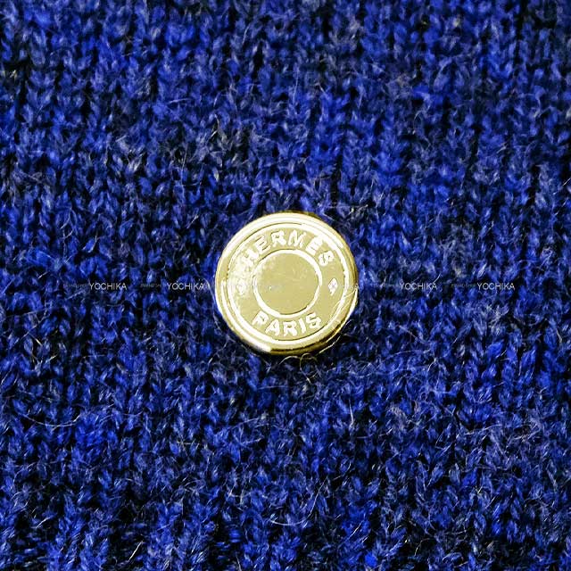 [Pre-loved] HERMES Sweater Ladies Sellier Button Long sleeve UK made Blue Cashmere 42 Silver HW[LIKE NEW][Authentic]