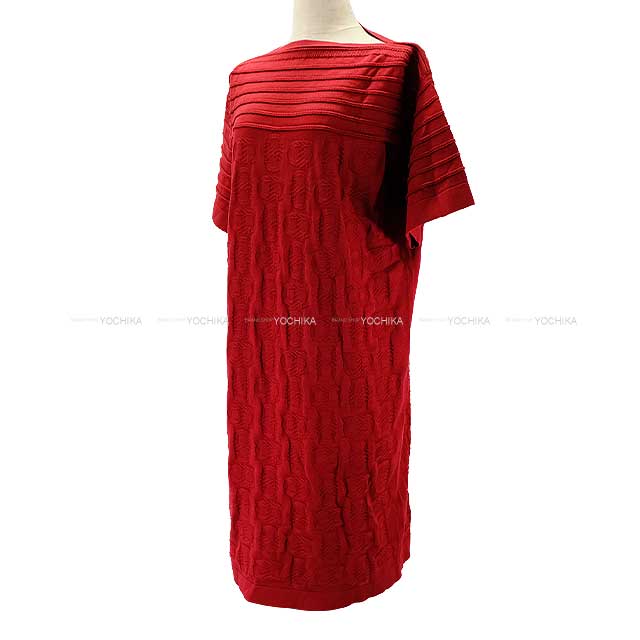 2023 HERMES Knit Ladies Chaine D'ancre Maillons Halfsleeve Onepiece Dress Rouge Silk 57%/Cotton 43% 38[EXCELLENT][Authentic]