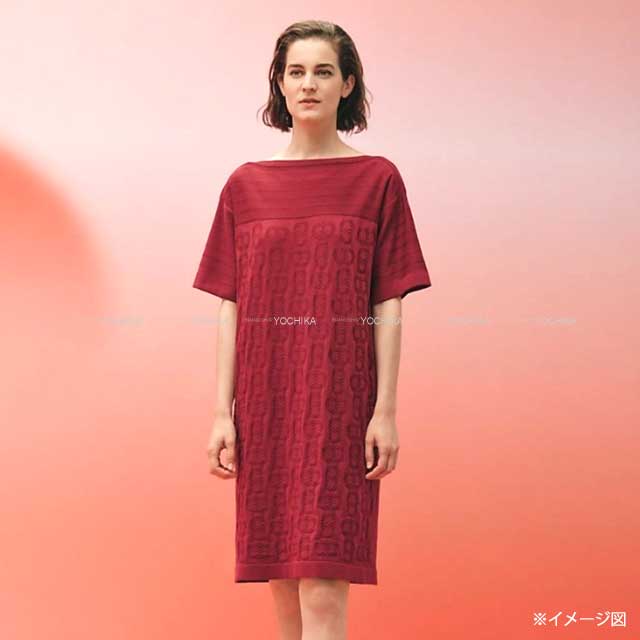 2023 HERMES Knit Ladies Chaine D'ancre Maillons Halfsleeve Onepiece Dress Rouge Silk 57%/Cotton 43% 38[EXCELLENT][Authentic]