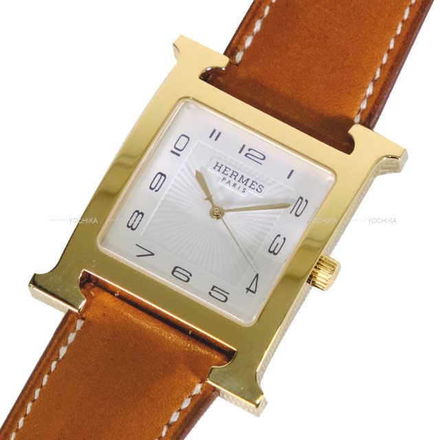 HERMES Watches H Watch Large GM 34ｍｍ HH1.801 White Clockface Fauve Veau Barenia Gold HW Stamp W[EXCELLENT][Authentic]