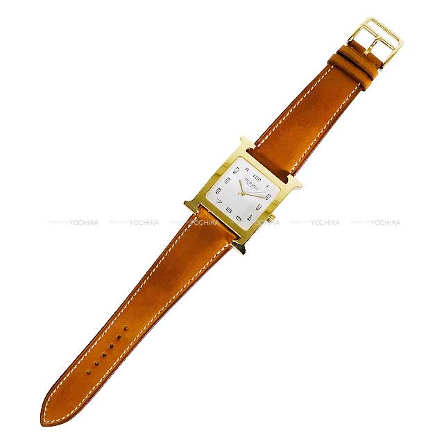 HERMES Watches H Watch Large GM 34ｍｍ HH1.801 White Clockface Fauve Veau Barenia Gold HW Stamp W[EXCELLENT][Authentic]