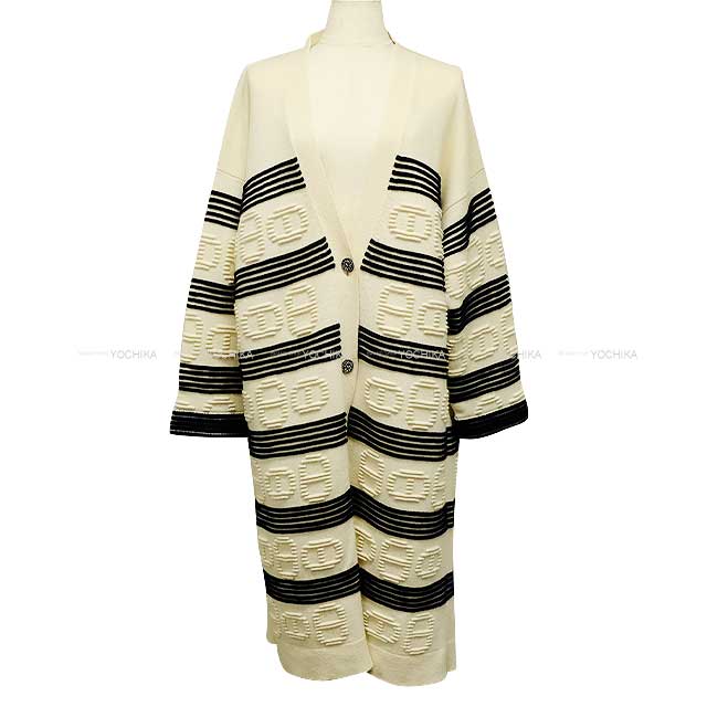 [Pre-loved] 2023 SS HERMES Cardigan Ladies Long Knit Chaine D'ancre Border Off White/Navy Cashmere/Cotton 38[USED SA][Authentic]