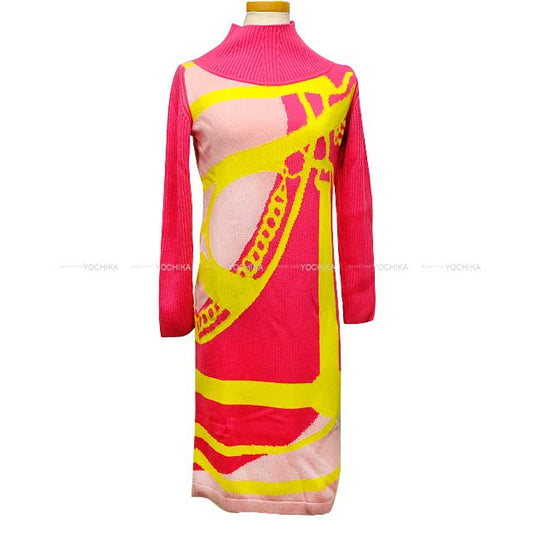 2022 AW HERMES One‐piece dress Ladies Knit High neck Morning Walk  Pink/Yellow Cashmere/Nyron/Polyurethane 36[EXCELLENT][Authentic]