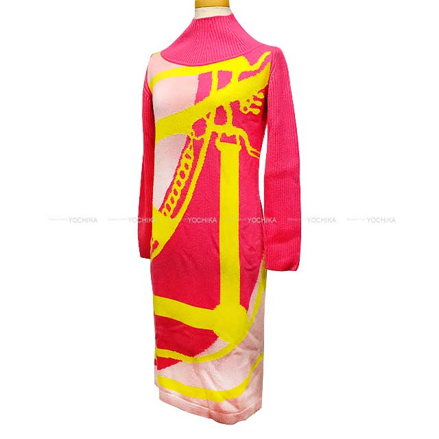 2022 AW HERMES One‐piece dress Ladies Knit High neck Morning Walk  Pink/Yellow Cashmere/Nyron/Polyurethane 36[EXCELLENT][Authentic]