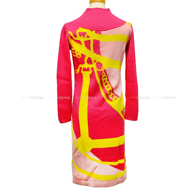 2022 AW HERMES One‐piece dress Ladies Knit High neck Morning Walk Pink/Yellow Cashmere/Nyron/Polyurethane[EXCELLENT][Authentic]