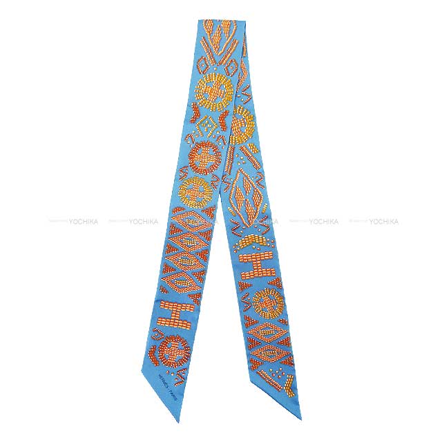 [Pre-loved] HERMES scarf Twilly KELLY EN PERLES Bleu Azur/Orange Silk100%[LIKE NEW][Authentic]