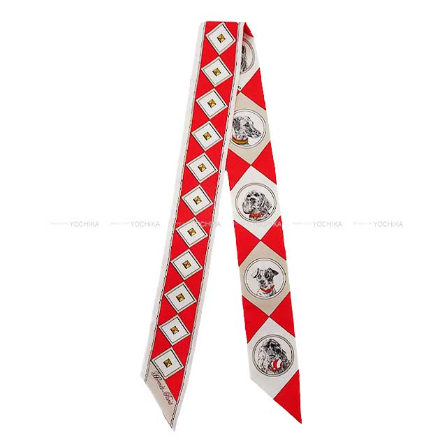 [Pre-loved] HERMES scarf Twilly Colliers et Chiens Rouge Exotique Rouge/Blanc(White)/Mastic Silk100%[LIKE NEW][Authentic]