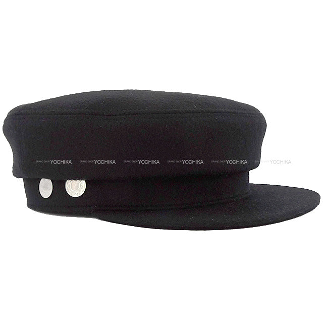 HERMES Casquette Hat Sellier Button Deauville #59 Noir (Black) Cashmere100% Silver HW[EXCELLENT][Authentic]