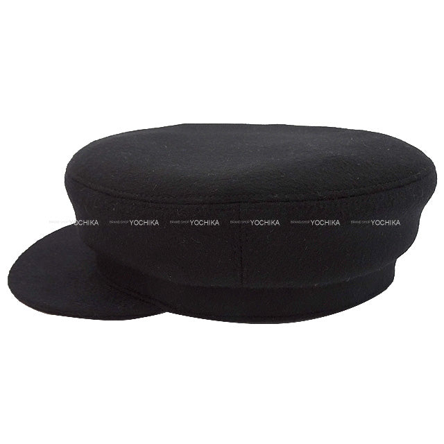 HERMES Casquette Hat Sellier Button Deauville #59 Noir (Black) Cashmere100% Silver HW[EXCELLENT][Authentic]