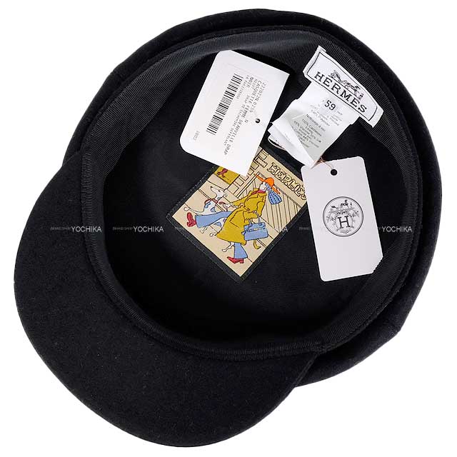 HERMES Casquette Hat Sellier Button Deauville #59 Noir (Black) Cashmere100% Silver HW[EXCELLENT][Authentic]