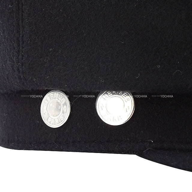 HERMES Casquette Hat Sellier Button Deauville #59 Noir (Black) Cashmere100% Silver HW[EXCELLENT][Authentic]