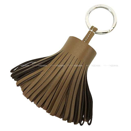 HERMES key ring Carmen Stitch White Etoupe Agneau Milo Silver HW Stamp B[EXCELLENT][Authentic]