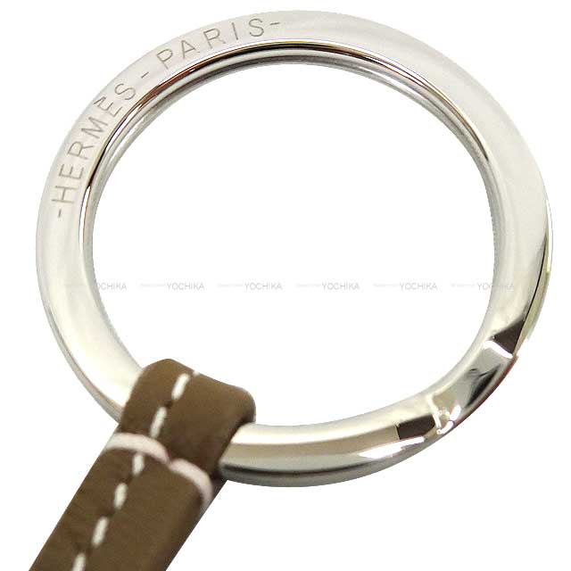 HERMES key ring Carmen Stitch White Etoupe Agneau Milo Silver HW Stamp B[EXCELLENT][Authentic]