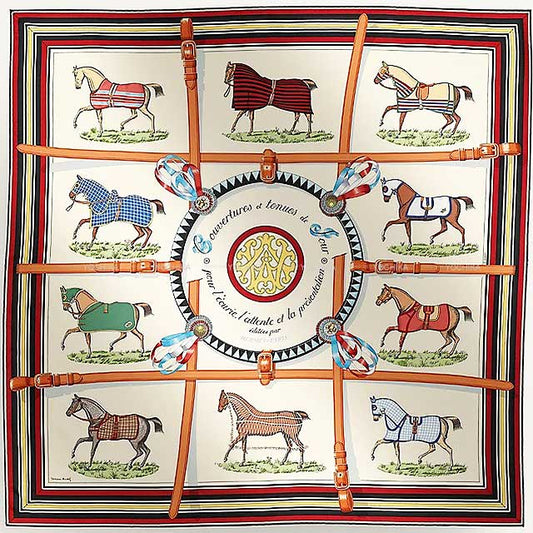 HERMES scarf Carre 90 Couvertures et Tenues クリーム/ルージュアッシュ/ブルー/マルチカラー Silk100%[BRAND NEW][Authentic]