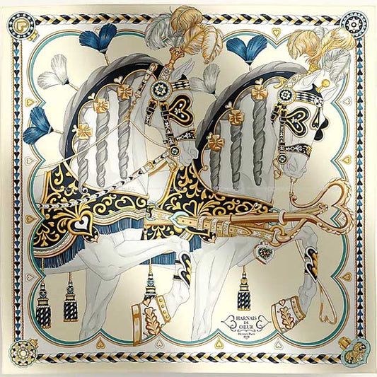 HERMES scarf Carre 90 Harnais de Coeur Creme/Marine/Gold Silk100%[BRAND NEW][Authentic]