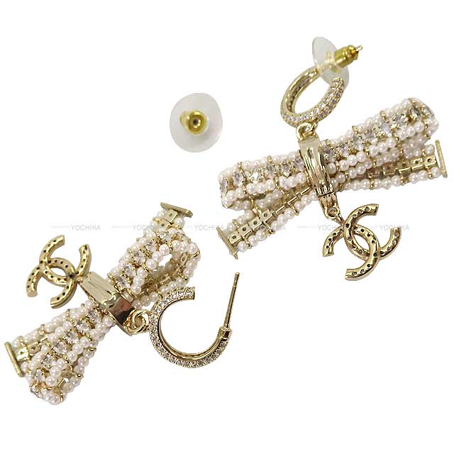 CHANEL pierced earring Rhinestone hoop earrings Coco Mark ribbon pearl Champagne Gold HW[EXCELLENT][Authentic]