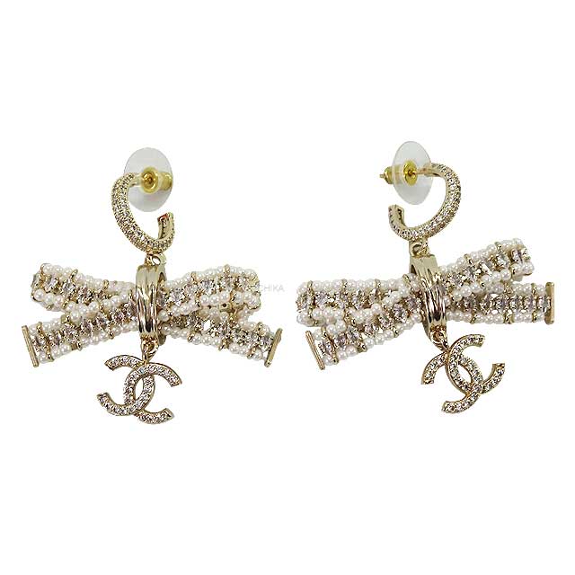 CHANEL pierced earring Rhinestone hoop earrings Coco Mark ribbon pearl Champagne Gold HW[EXCELLENT][Authentic]