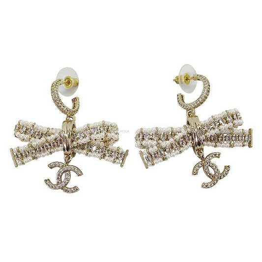 CHANEL pierced earring Rhinestone hoop earrings Coco Mark ribbon pearl Champagne Gold HW[EXCELLENT][Authentic]