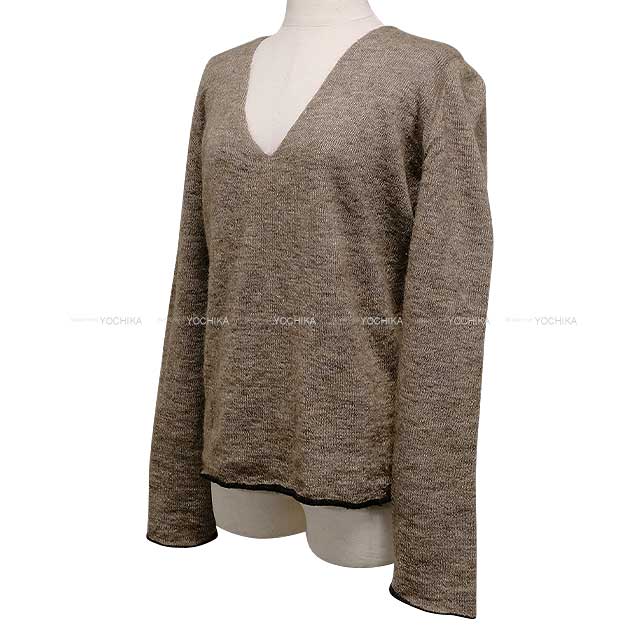 [Pre-loved] HERMES Knit Long sleeves knit V neck Soldo product Brown/Noir (Black) Nyron/Cashmere/Silk[USED SA][Authentic]