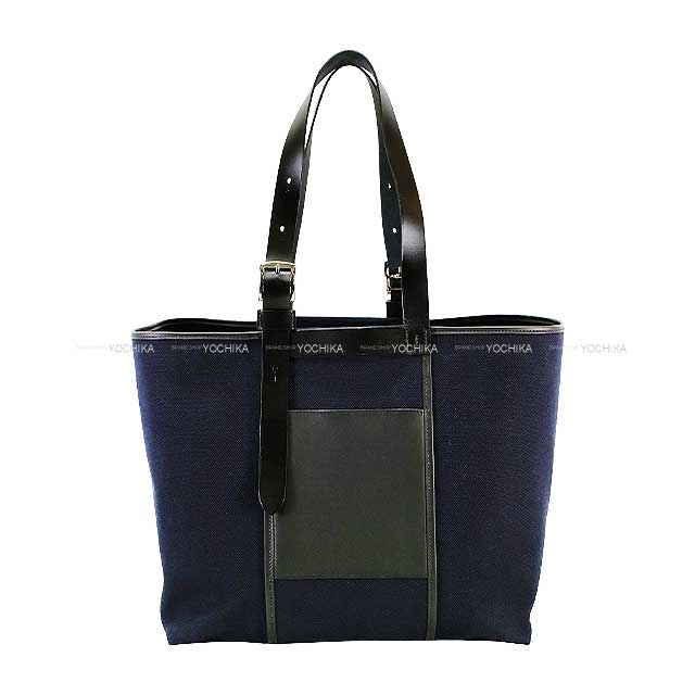 HERMES tote bag Etriviere Pocket 35 Blue Marine/Noir (Black) Vache Hunter/Veau Swift/Toile Goeland Silver HW Stamp B[EXCELLENT][Authentic]