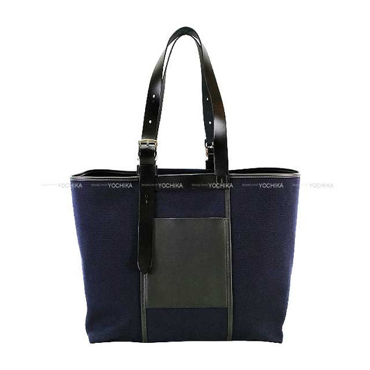 HERMES tote bag Etriviere Pocket 35 Blue Marine/Noir (Black) Vache Hunter/Veau Swift/Toile Goeland Silver HW Stamp B[EXCELLENT][Authentic]