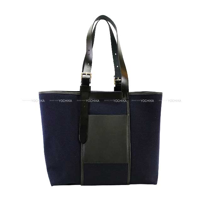 HERMES tote bag Etriviere Pocket 35 Blue Marine/Noir (Black) Vache Hunter/Veau Swift/Toile Goeland Silver HW Stamp B[EXCELLENT][Authentic]