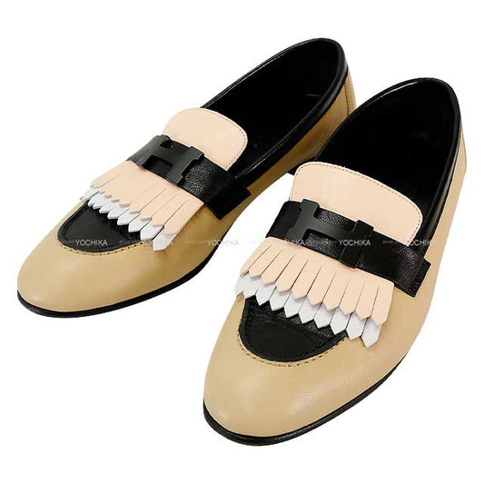 [Pre-loved] HERMES Moccasins Loafers Royal Fringe #38.5 Noir (Black)/Beige/Multicolor Calf Black HW[LIKE NEW][Authentic]