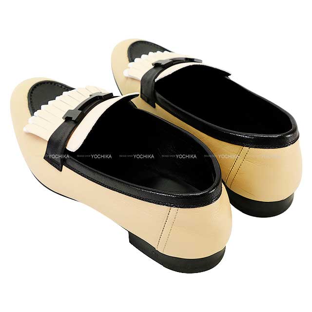 [Pre-loved] HERMES Moccasins Loafers Royal Fringe #38.5 Noir (Black)/Beige/Multicolor Calf Black HW[LIKE NEW][Authentic]