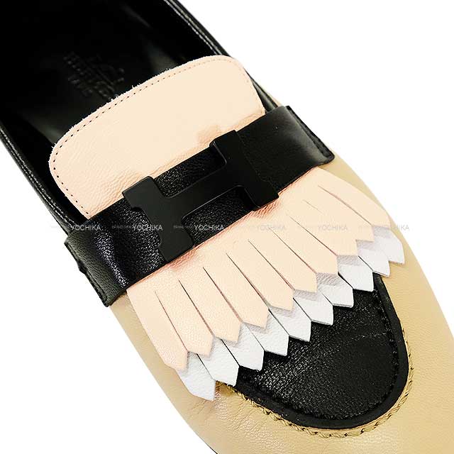 [Pre-loved] HERMES Moccasins Loafers Royal Fringe #38.5 Noir (Black)/Beige/Multicolor Calf Black HW[LIKE NEW][Authentic]