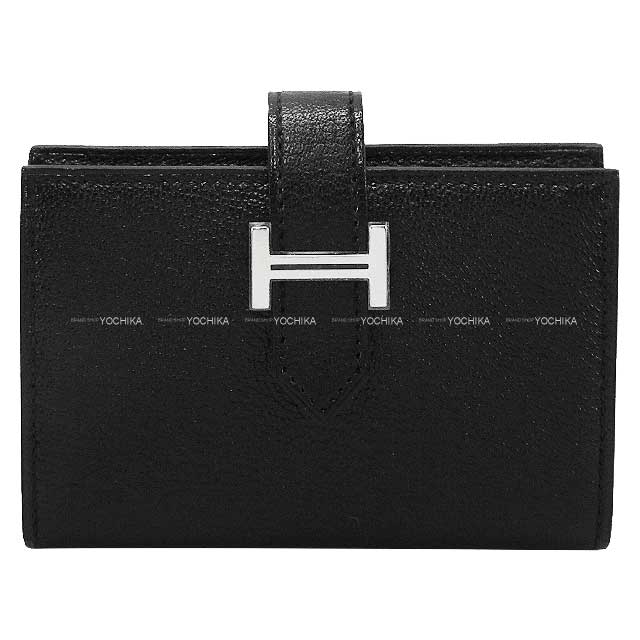 HERMES Bi-fold wallet Bearn Mini Card holder With Coin purse Noir (Black) Chevre Mysore Silver HW Stamp D[EXCELLENT][Authentic]
