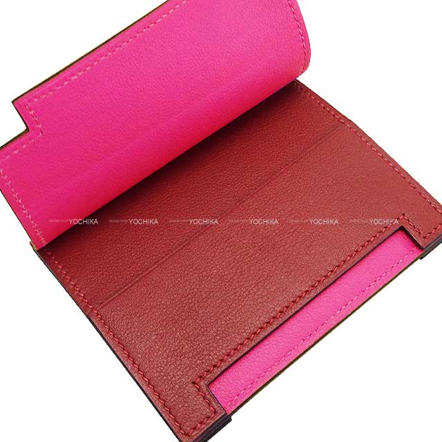 HERMES card holder Multiplis Magnolia/Rouge H Veau Swift Stamp A[EXCELLENT][Authentic]