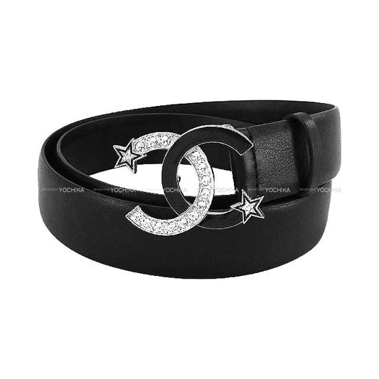 CHANEL belt Coco mark Logo Rhinestone Star 75/30 Noir (Black) Calfskin Silver HW[EXCELLENT][Authentic]