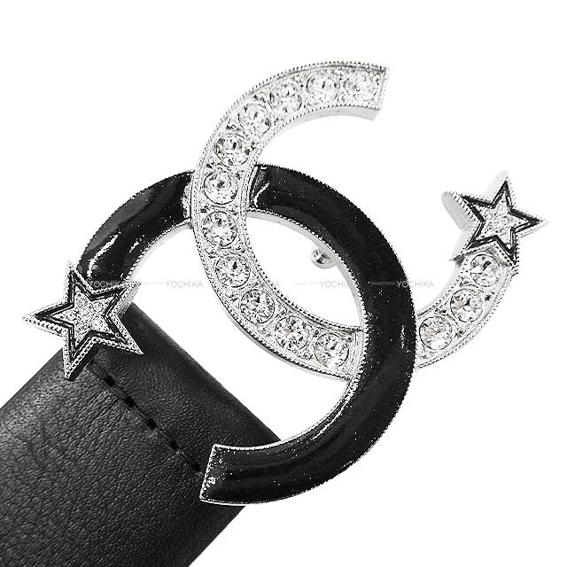 CHANEL belt Coco mark Logo Rhinestone Star 75/30 Noir (Black) Calfskin Silver HW[EXCELLENT][Authentic]