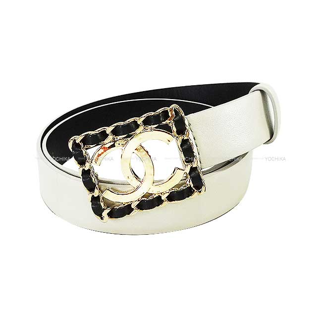 CHANEL belt Coco mark Chain Frame 70/28 Blanc (White)/Noir (Black) Calfskin Champagne Gold HW[EXCELLENT][Authentic]