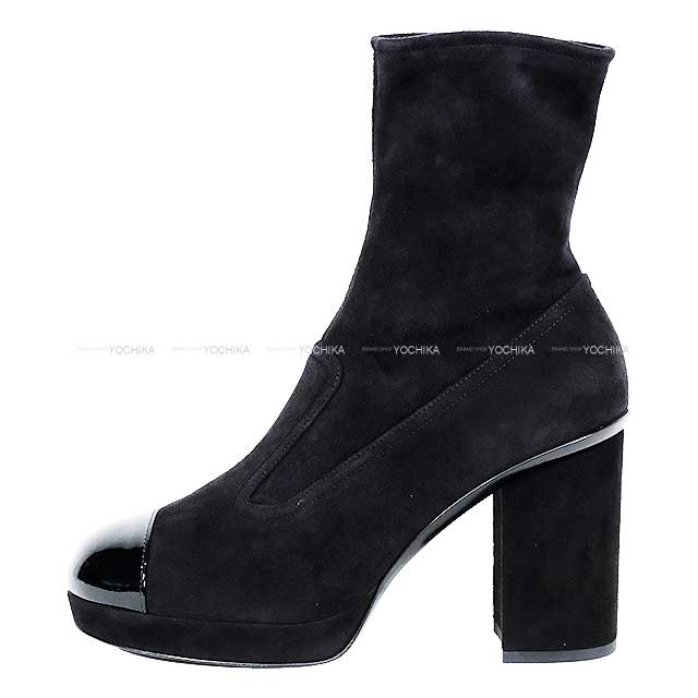 CHANEL boots Short with Heart Charm Noir (Black) Suede kid skin/Patent calf skin 38C Champagne Gold HW G45195[EXCELLENT][Authentic]