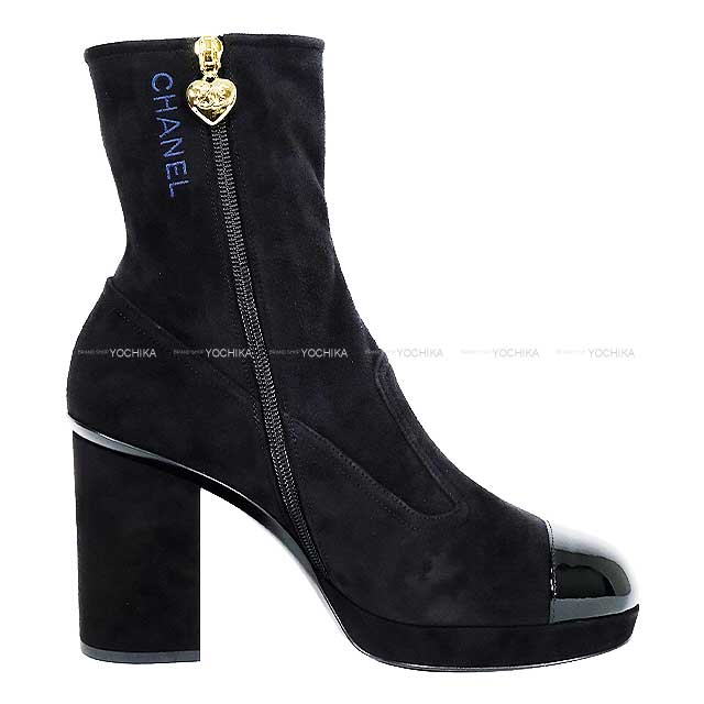 CHANEL boots Short with Heart Charm 38C Noir (Black) Suede kid skin/Patent calf skin 38C Champagne Gold HW G45195[EXCELLENT][Authentic]