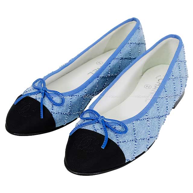 CHANEL ballet shoes(flat shoes) Flat Matelasse Coco mark Ribbon 37C  Blue Denim 37C G02819[EXCELLENT][Authentic]