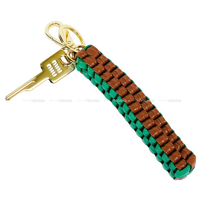 MIUMIU key ring Leather trick Key Chain Cognac/Green Sheepskin Gold HW 5TL513[EXCELLENT][Authentic]