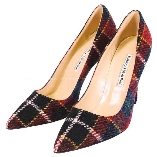 MANOLO BLAHNIK pumps BB Tartan check jewel buckle #38 Red/Multicolor Wool[BRAND NEW][Authentic]