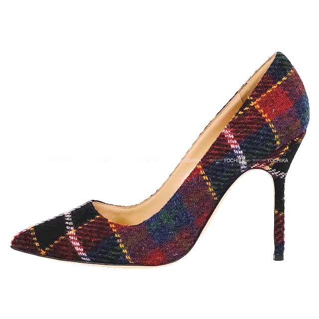 MANOLO BLAHNIK pumps BB Tartan check jewel buckle #38 Red/Multicolor Wool[BRAND NEW][Authentic]