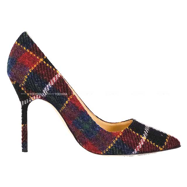 MANOLO BLAHNIK pumps BB Tartan check jewel buckle #38 Red/Multicolor Wool[BRAND NEW][Authentic]