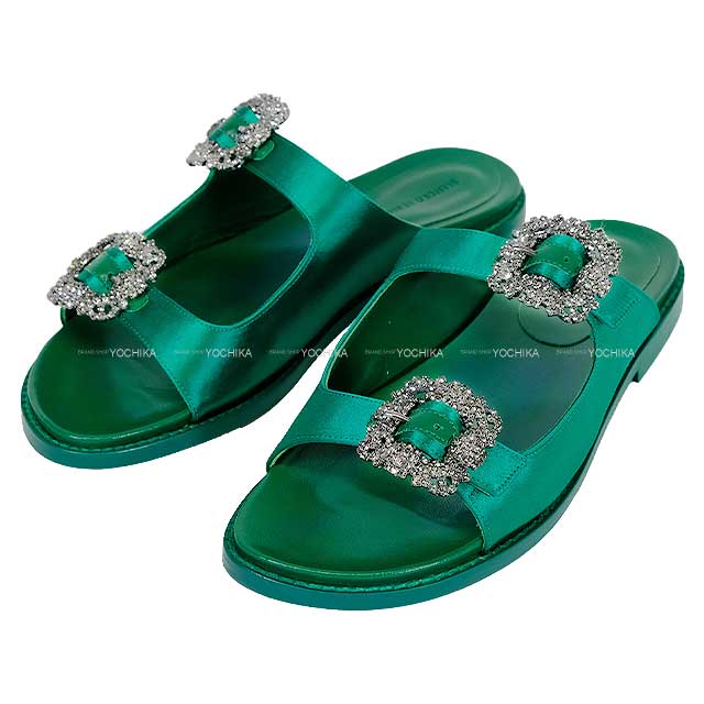 MANOLO BLAHNIK sandals STURLUSHANGI HANGISI #38 Green Satin[BRAND NEW][Authentic]