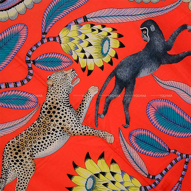 [Pre-loved] 2016 HERMES scarf Carre 140 The Savana Dance Rouge/Turquoise/Jaune Cashmere70% / Silk30%[LIKE NEW][Authentic]