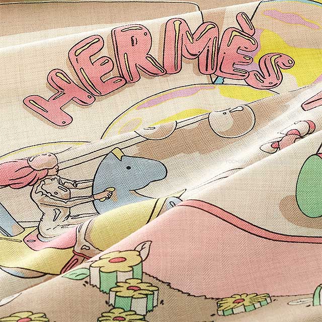 HERMES scarf Carre 140 Locomotion Natural/Green/Yellow Cashmere70% / Silk30%[BRAND NEW][Authentic]